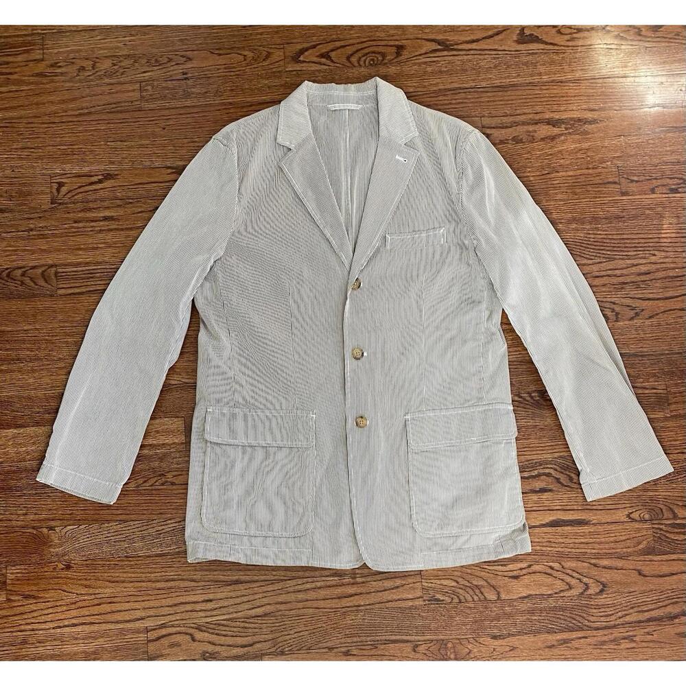 Vtg J Crew Men’s Blazer Size Large 100% Cotton Tan And White Micro stripe Jacket